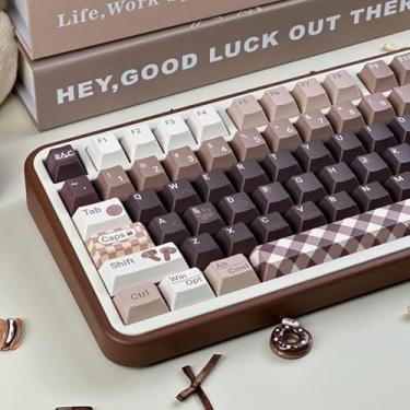 Imagem de JOLINTAL Lindas teclas PBT, 130 teclas com tema de café, conjunto de teclas personalizadas de perfil cereja retrô, teclas de teclado de sublimação de tinta para teclado mecânico Cherry Gateron MX
