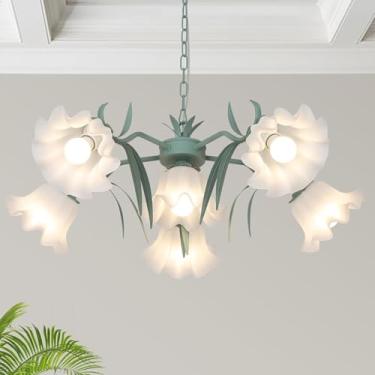 Imagem de Lustre de flores para sala de jantar, luminária de jantar floral verde com 6 luzes e cúpulas de acrílico, luminária de teto moderna grande estilo Sputnik para sala de estar, quarto ou quarto