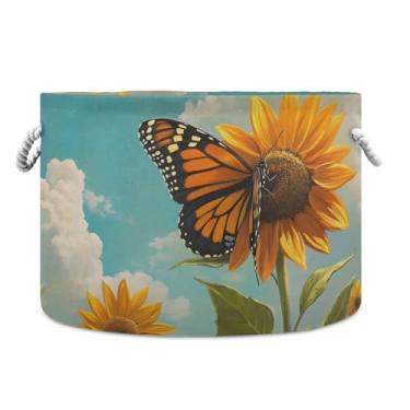 Imagem de JUZIHAI Cesta de armazenamento dobrável com borboleta de girassol, cesto de roupa suja para bebê, cobertor com alças de corda de algodão, caixa organizadora de armário dobrável para quarto, berçário