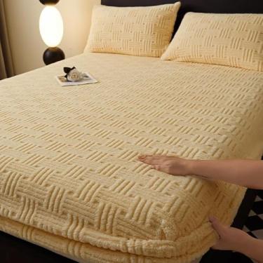 Imagem de Capa protetora de colchão de veludo macio engrossado com bolso profundo de 30,5 cm à prova de poeira, lençol com elástico respirável, antiderrapante, para solteiro/casal/queen/king, amarelo|||180 x