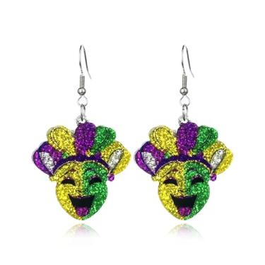 Imagem de Brincos femininos de carnaval com glitter, máscara, gnomo, pingente, leve, amarelo, verde, carnaval, carnaval, acessórios para presente, Medium, Metal, Sem pedra preciosa