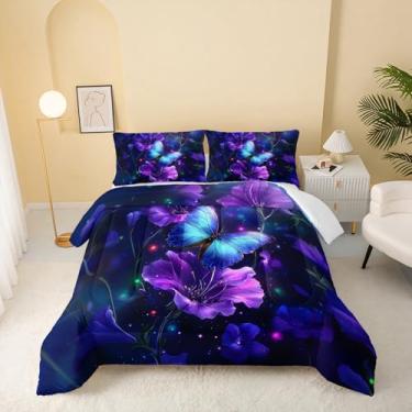 Imagem de QOOMO Jogo de cama Queen com estampa floral, estampa floral, roxo, microfibra, leve, 1 edredom e 2 fronhas