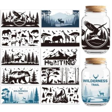 Imagem de Peacoblue Adesivos de transferência UV DTF para copos padrão de silhuetas de animais da floresta, 10 folhas à prova d'água adesivo de transferência de vinil personalizado 473 ml copo de café copo copo