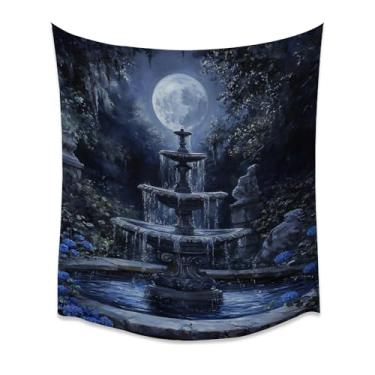 Imagem de Tapeçaria de parede de fonte iluminada pela lua ornamentada água gotejante azul místico azul brilhante tecido luxuoso encantador jardim ao ar livre azul hortênsia cena noturna elegante decoração de