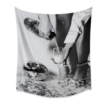 Imagem de Black White Champagne Pour Disco Ball Glam Wall Art Fashion Party Estética Elegante Vintage Bar Cart Print For Bedroom Living Lounge Kitchen Studio Entryway Festive Tapestry 101.6x152.4 cm