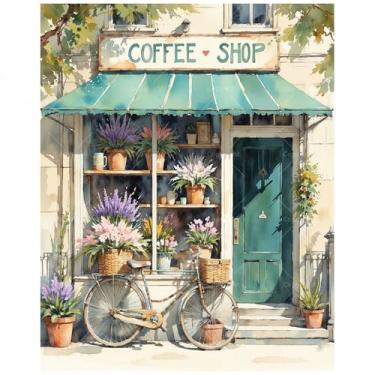 Imagem de Kit de pintura City Life por números para adultos – cafeteria DIY e pintura de bicicleta em tela, conjunto de tinta acrílica, adequado para iniciantes, arte para decoração de casa ou presentes