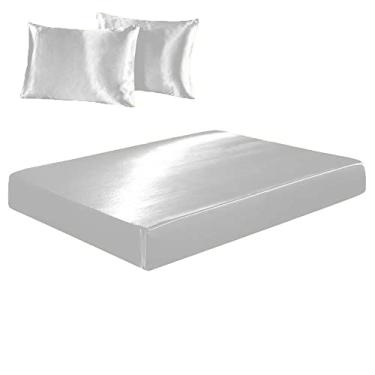Imagem de Confecções Elba, Jogo Lençol Com Elástico e Fronha Cetim Seda Alto Brilho Cor:Branco;Tamanho:King