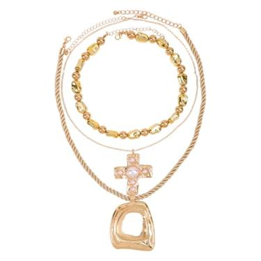 Imagem de 3 Colares com Pingentes Grossos em Forma de Cruz, Dourados com Cruz e Quadrado Geométrico Bijuteria da Moda para Presente para Mulher