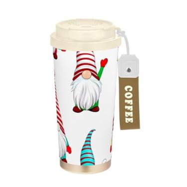 Imagem de TSENQUE Copo de café de 473 ml, copo de café com revestimento cerâmico com canudo e tampa, copo isolado a vácuo de aço inoxidável, lindos gnomos de Natal branco