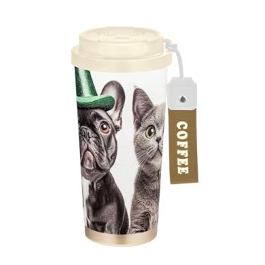 Imagem de TSENQUE Caneca de café de viagem de 473 ml com tampa de canudo e filp, copo de café de aço inoxidável à prova de vazamento para escritório, escola, festa, acampamento, cachorro preto fofo