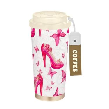 Imagem de TSENQUE Sapatos de salto alto rosa borboleta, copo de café de 473 ml com canudo e tampa, canecas de café de parede dupla isoladas a vácuo com revestimento cerâmico para escola, escritório, festa