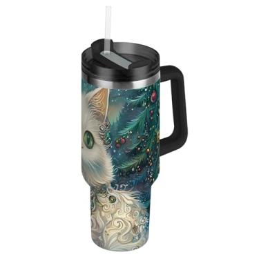 Imagem de Joisal Copos de aço inoxidável com tampas e canudo gato mágico de Natal brilhante caneca de café quente azul para carros copo à prova de vazamento com alça Garrafas de água isoladas de 1,134 g
