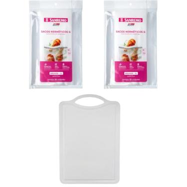 Imagem de Conjunto de 1 Tábua Branca Plástica de Corte para Alimentos + 2 Saco Hermetico Transparente 3 Litros