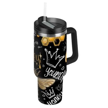 Imagem de Copo de 850 g com alça copos de aço inoxidável com tampas e canudo garrafas de água isoladas à prova de vazamento xícaras de café quente para carro abelhas douradas favos de mel preto