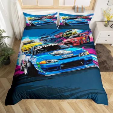 Imagem de Jogo de cama solteiro de carros de corrida, 2 peças, hippie arte de rua, estampa de graffiti, capa de edredom para crianças, meninos, adolescentes, homens, capa de edredom estilo jogo de competição