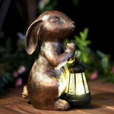 Imagem de Estátua de jardim solar coelho decoração ao ar livre, estatuetas de coelho com lanterna solar, decorações de quintal para pátio, varanda, quintal ornamentos de gramado - presentes exclusivos de