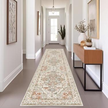 Imagem de Enkor Tapetes de corredor para corredor, 5 x 20 cm lavável macio boho antiderrapante para cozinha, tapete moderno para sala de estar, quarto, entrada bege e laranja