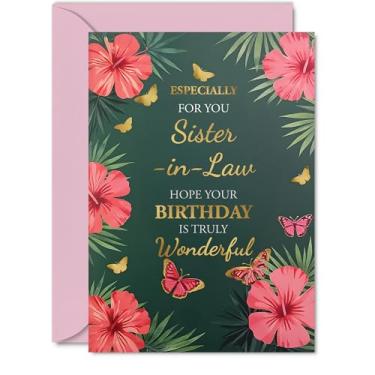 Imagem de Giftzie Cartão de aniversário Gold Sister in Law - Borboletas e flores - Cartão de feliz aniversário para cunhada do irmão irmão, A5 Golden Butterflies & Flowers Bday Cartões comemorativos