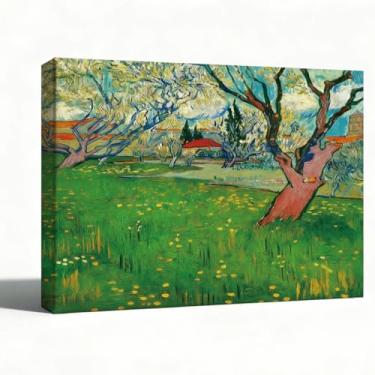 Imagem de Arte de parede em tela, pomar florido, estilo Van Gogh, pintura a óleo sobre tela, arte colorida de paisagem de primavera, decoração de parede de 20 x 25 cm para quarto e sala de estar