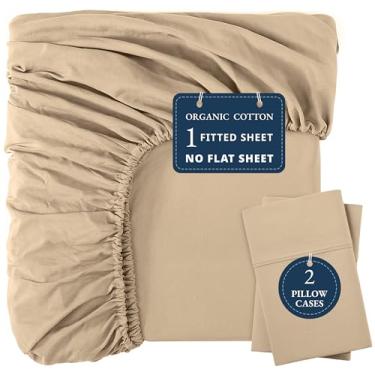 Imagem de LANE LINEN Lençol Queen com elástico e 2 fronhas, 100% algodão orgânico, tecido percal, macio e respirável, cabe em colchões de até 38 cm de profundidade - linho (sem lençol de cima)