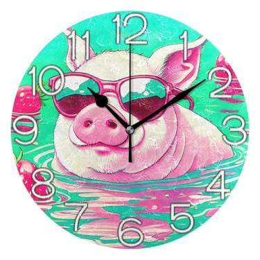 Imagem de GAIGEO Relógio de parede analógico decorativo operado por bateria relógio de cozinha rústico, sala de estar decoração de parede moderna rosa porco água morango, 25 cm, ponteiros pretos