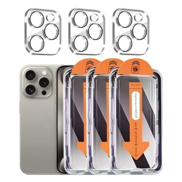 Imagem de Pacote com 3 + 3 protetores de tela para iPhone 15 Pro Max com protetor de lente de câmera cobertura total, película de vidro temperado anti-espião, dureza 9H, fácil instalação, sem bolhas [6,7