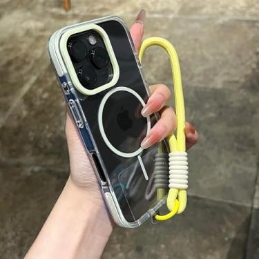 Imagem de Capa magnética transparente com alça de pulso para iPhone 14, 15, 16 Plus, 11, 12, 13, 16 Pro Max, capa protetora transparente com carregamento e à prova de choque, amarelo, para iPhone 16 Pro