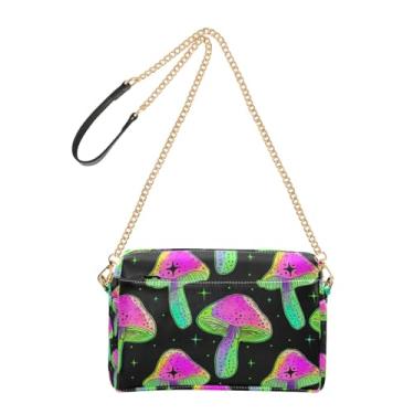 Imagem de Joitme Bolsa tiracolo feminina colorida com cogumelos pretos e verdes, bolsa de ombro de couro PU, alça de corrente, bolsa para celular