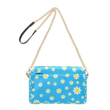 Imagem de Joitme Margaridas de desenho animado azul claro bolsa feminina bolsa transversal para celular bolsa de couro PU bolsa de ombro alça de corrente