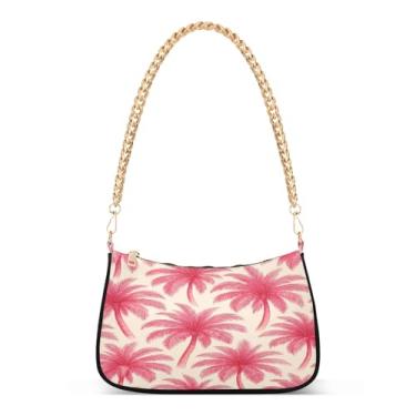 Imagem de Bolsa com corrente de ombro bege com folhas de palmeiras rosa, bolsa Hobo feminina, bolsa clutch moderna para uso diário e noturno