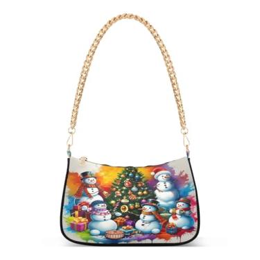 Imagem de Bolsa de ombro colorida com corrente de bonecos de neve para árvores de Natal, bolsa feminina Hobo, bolsa média com estampa festiva para festas de fim de ano e uso diário