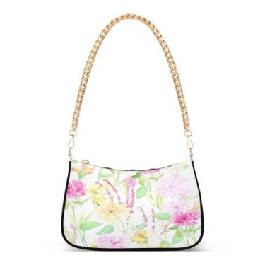 Imagem de Bolsa de ombro de corrente branca floral em aquarela, linda bolsa Hobo média para mulheres, bolsa clutch moderna para todos os dias ou à noite