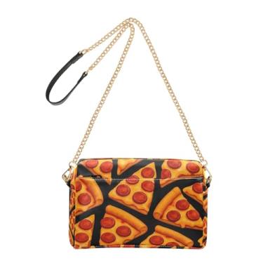 Imagem de Joitme Bolsa tiracolo feminina para celular com desenho de pizza preta de couro PU com alça de corrente