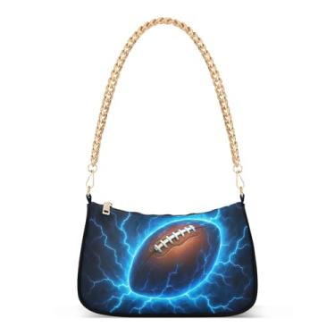 Imagem de Bolsa de ombro com corrente azul, bola de rugby marrom com desenho animado, bolsa Hobo feminina com grande capacidade e design moderno