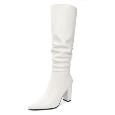 Imagem de Younton Botas até o joelho femininas de salto grosso, botas clássicas de bico fino, botas folgadas para trabalho, escritório, botas de salto alto retrô confortáveis, Branco fosco, 37