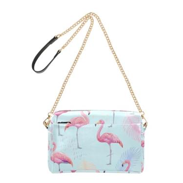 Imagem de Bolsa feminina elegante flamingos rosa azul bolsa transversal couro PU bolsa de ombro com alça de corrente bolsa para celular