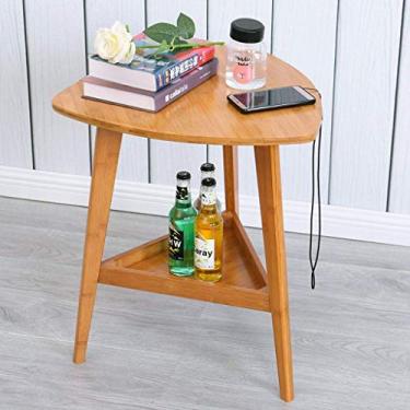 Imagem de Mesa lateral de bambu, triângulo, mesa de canto para sofá, sala de estar, armazenamento de telefone, quarto, varanda, café, casual, mesa de lanche, rack duplo