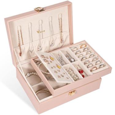 Imagem de Caixa de jóias Voova 23x17x9cm 2 camadas de couro PU rosa