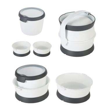 Imagem de Kit 3 em 1 Comedouro e Bebedouro Portátil para Viagem, Pets Cães e Gatos, Branco e Cinza, 3 Peças