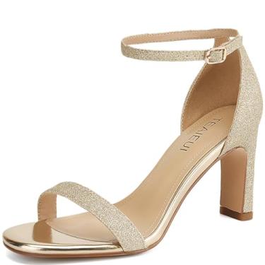 Imagem de TEAIEUI Sandálias Femininas de Salto Alto Grosso com Tira no Tornozelo, Sandálias Douradas com Glitter, 38