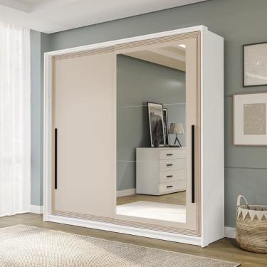 Imagem de Guarda Roupa Roupeiro 2 portas de correr 2 gavetas com Espelho Valência Branco Creme Politorno Móveis