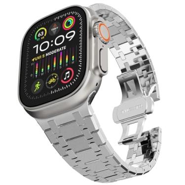 Imagem de EZZON Pulseira de aço inoxidável para Apple Watch Ultra 2 de 49 mm, 45 mm, 44 mm e 42 mm, pulseira de metal com fecho dobrável para Apple Watch séries 9, 8, 7, 6, 5, 4, 3, 2, 1, Ultra/Ultra 2