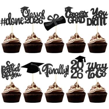 Imagem de FoldTier 100 Pcs Graduation Cupcake Toppers Congrats Grad Class of 2026 Graduation Cupcake Picks Toppers Diploma Supplies for Party Decorations(Black)