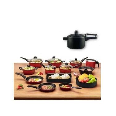 Imagem de Jogo 13 Panelas Vermelho Com Panela De Pressão Antiaderente