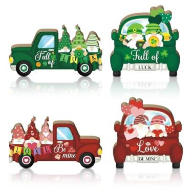 Imagem de Putuo Decor Decoração de caminhão de madeira dupla face Dia dos Namorados e Dia de São Patrício, 2 peças Love and Luck Gnomo, bloco de madeira bonito para casa, manto, exibição de mesa, festa de fim
