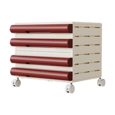 Imagem de KAIYUEMAOYI Gaveta para arquivo sob a mesa, gavetas para armazenamento, móveis modernos para escritório, armários para arquivo de 4 camadas para escritório, Vermelho, com Rodas
