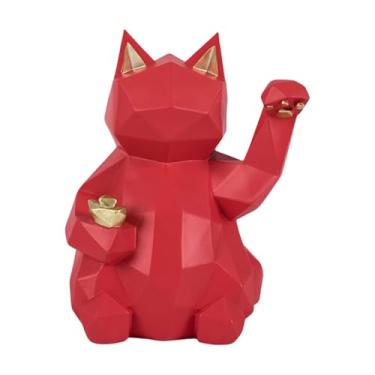 Imagem de Ioensy Estatueta de gato em resina, estátua de gato da sorte, escultura criativa, Feng Shui, gatos da prosperidade, decoração para estante, sala de estar e, Vermelho