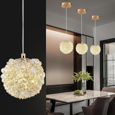 Imagem de Luminária pendente moderna de cristal dourado com 3 lâmpadas para sala de jantar, lustre de teto ajustável, mini luminária de cristal para ilha de cozinha, sala de jantar, sala de estar, cor