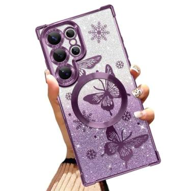 Imagem de Illians Capa magnética feita para Samsung Galaxy S24 Ultra 6,8 polegadas com glitter com design de borboleta roxa cantos reforçados de TPU macio à prova de choque anti-arranhões Bling capa de telefone
