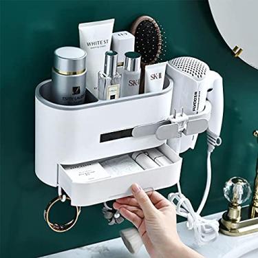 Imagem de AFULILI Suporte de parede para banheiro, organizador de banheiro sem perfuração, com suporte para secador de cabelo, suporte de plugue para banheiro, banheiro, cozinha, 4 ganchos (cinza)
